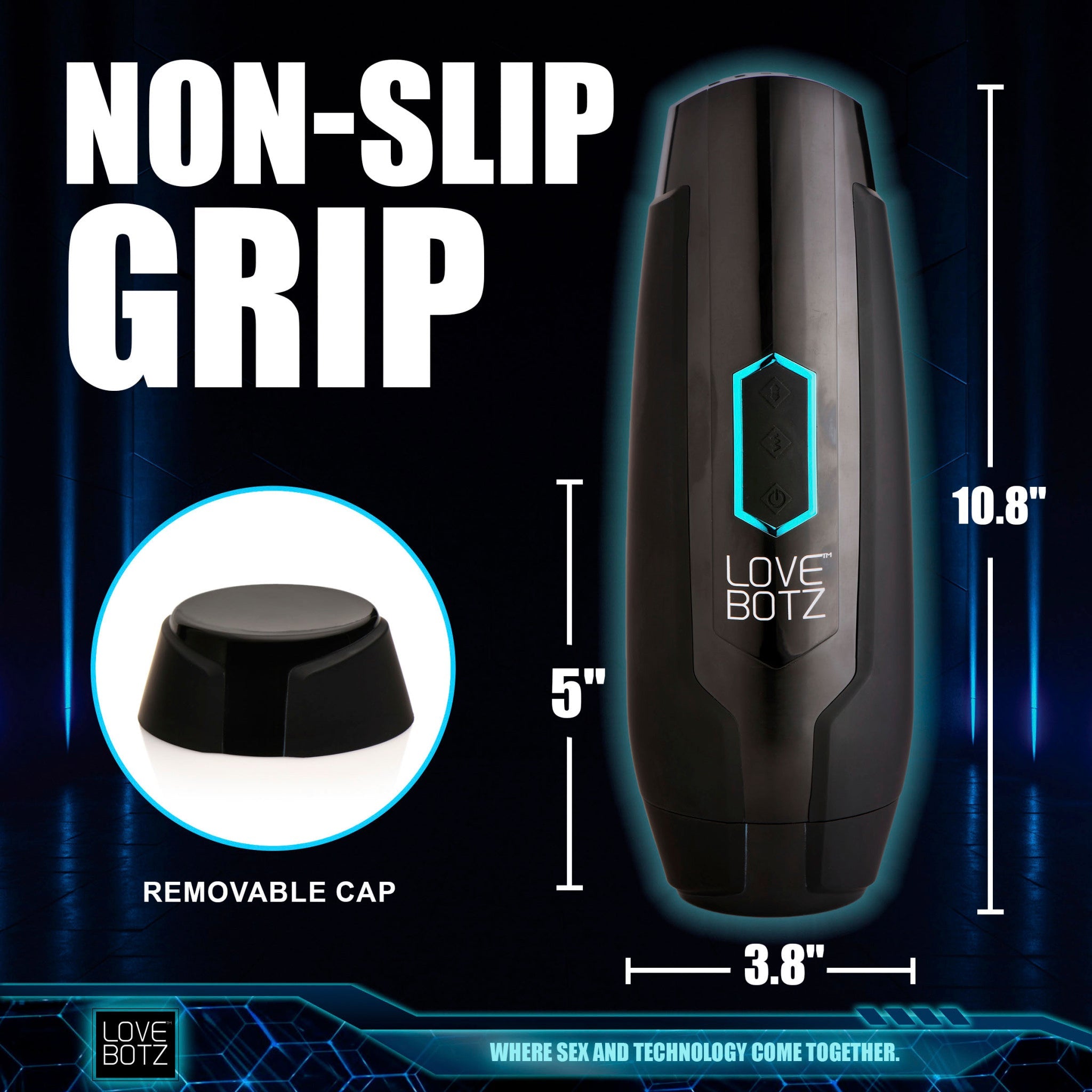 Black Milker Max masturbator with removable cap, measuring 10.8 inches long and 3.8 inches wide.