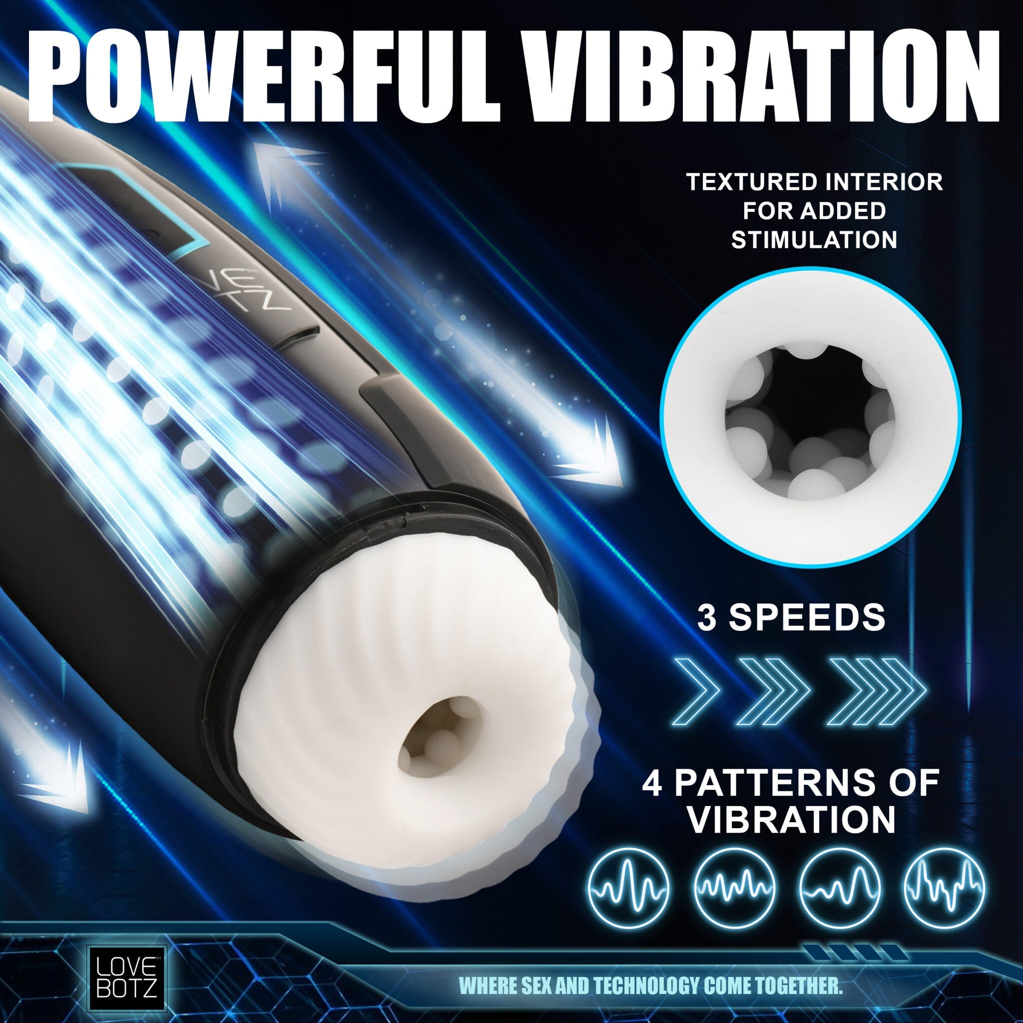 A black masturbator with textured interior, 3 speeds, and 4 vibration patterns.