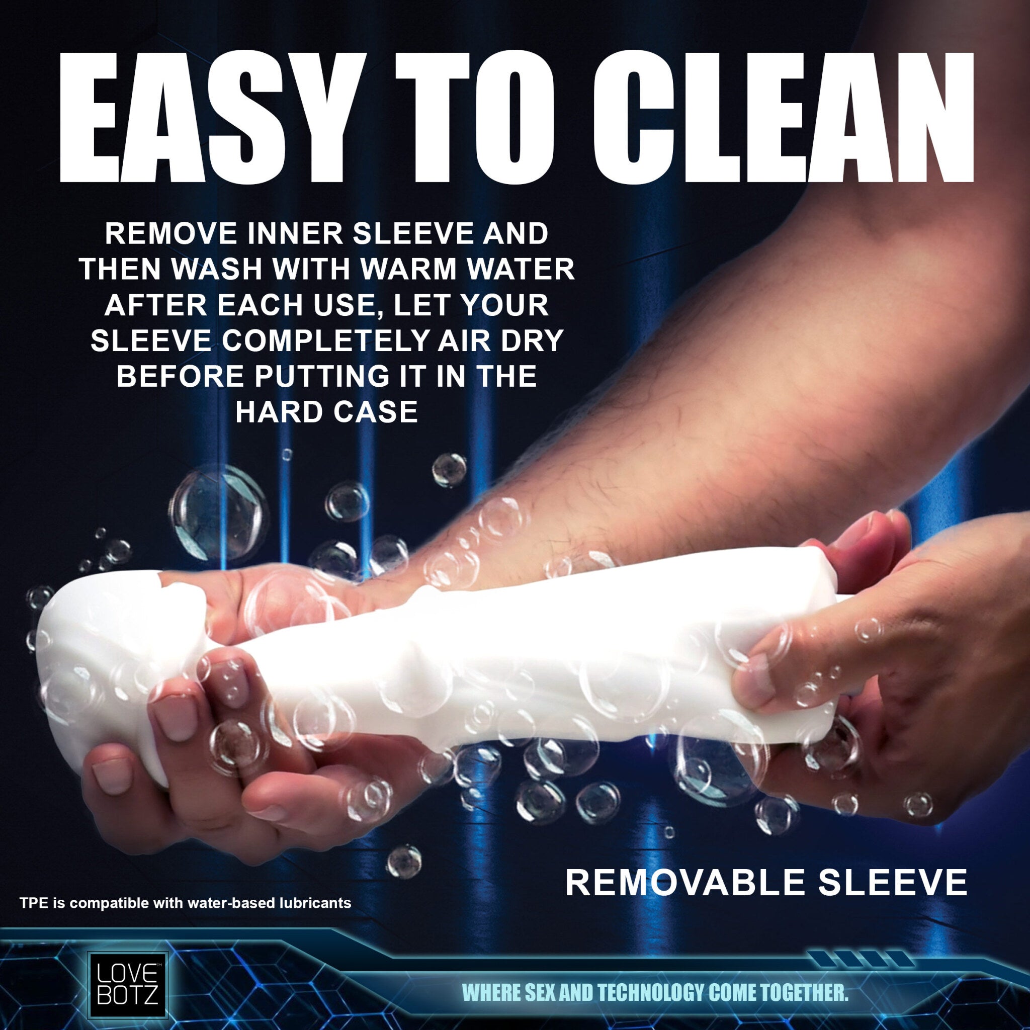 A white textured sleeve is being removed from a white masturbator by hands.