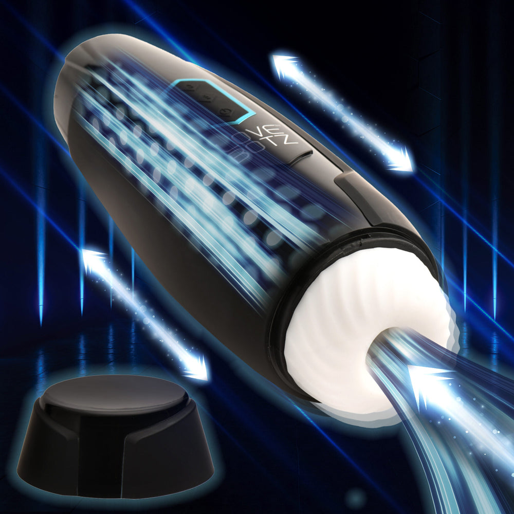 Black rechargeable masturbator with textured sleeve and blue light effects.