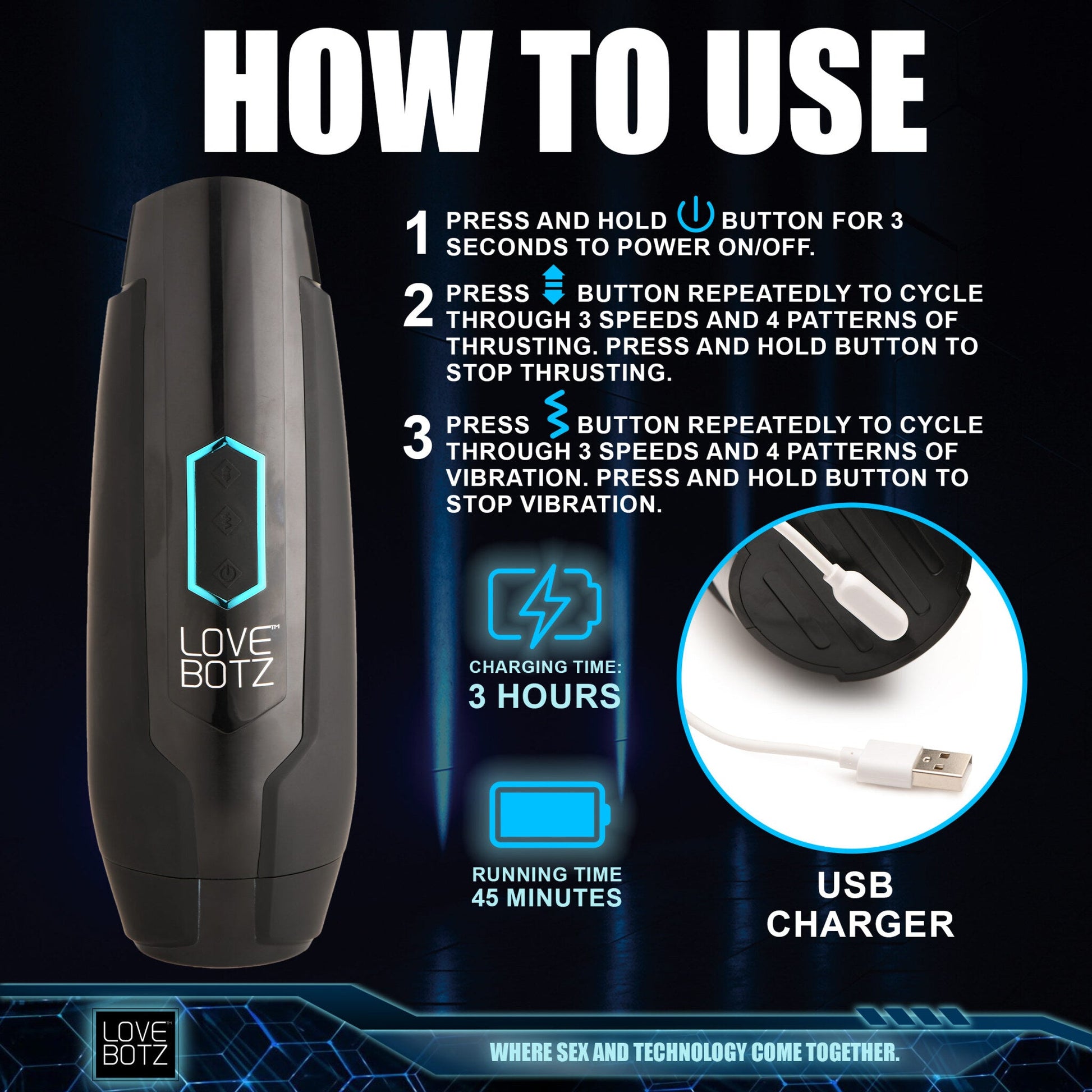 A black Milker Max masturbator with a blue illuminated button and charging indicator.