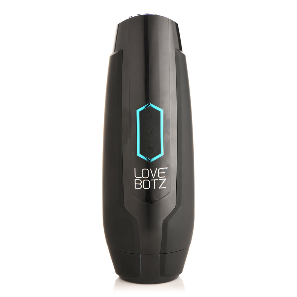 Black Milker Max masturbator with blue light accents and branding.