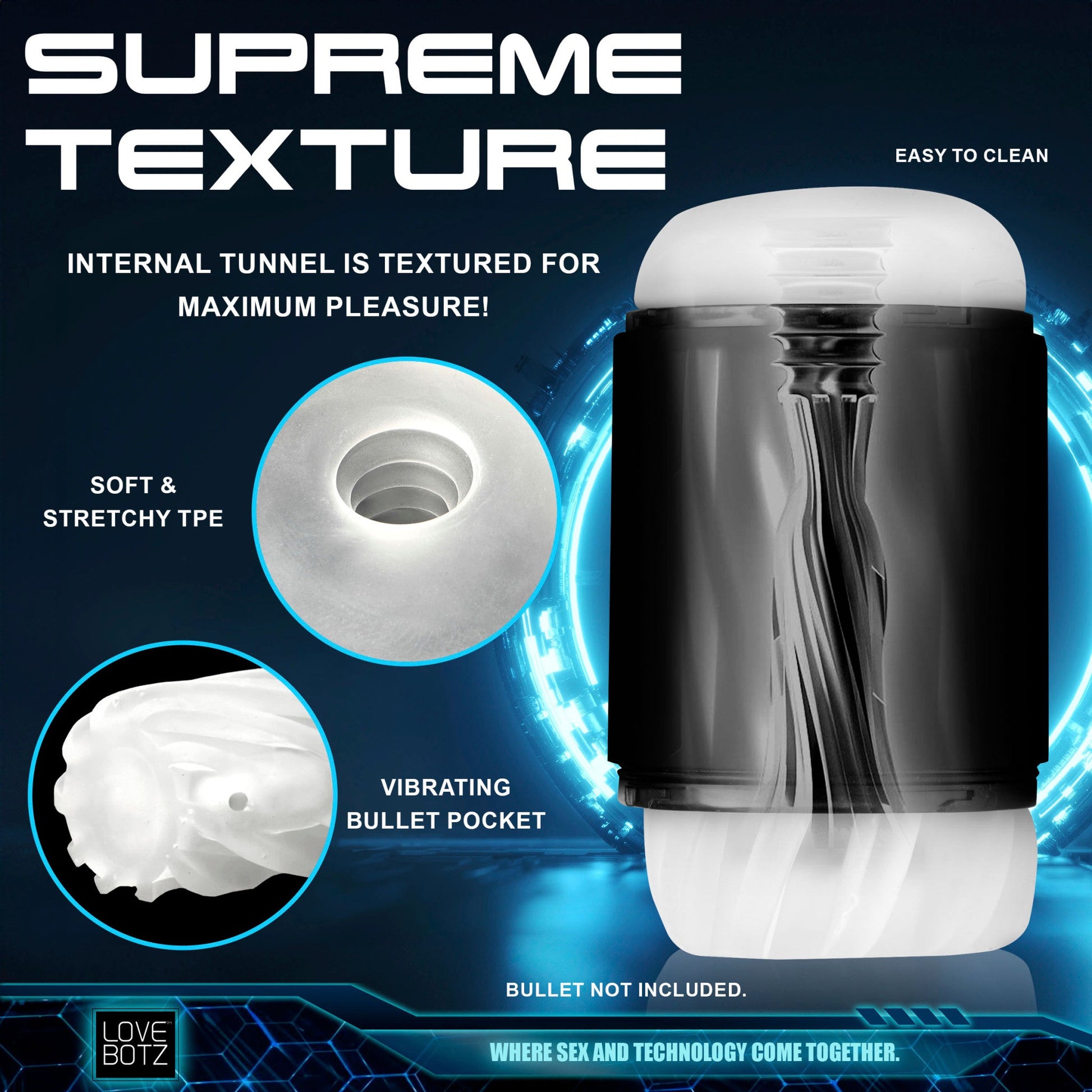 A white and black masturbator with textured internal tunnels and a vibrating bullet pocket.