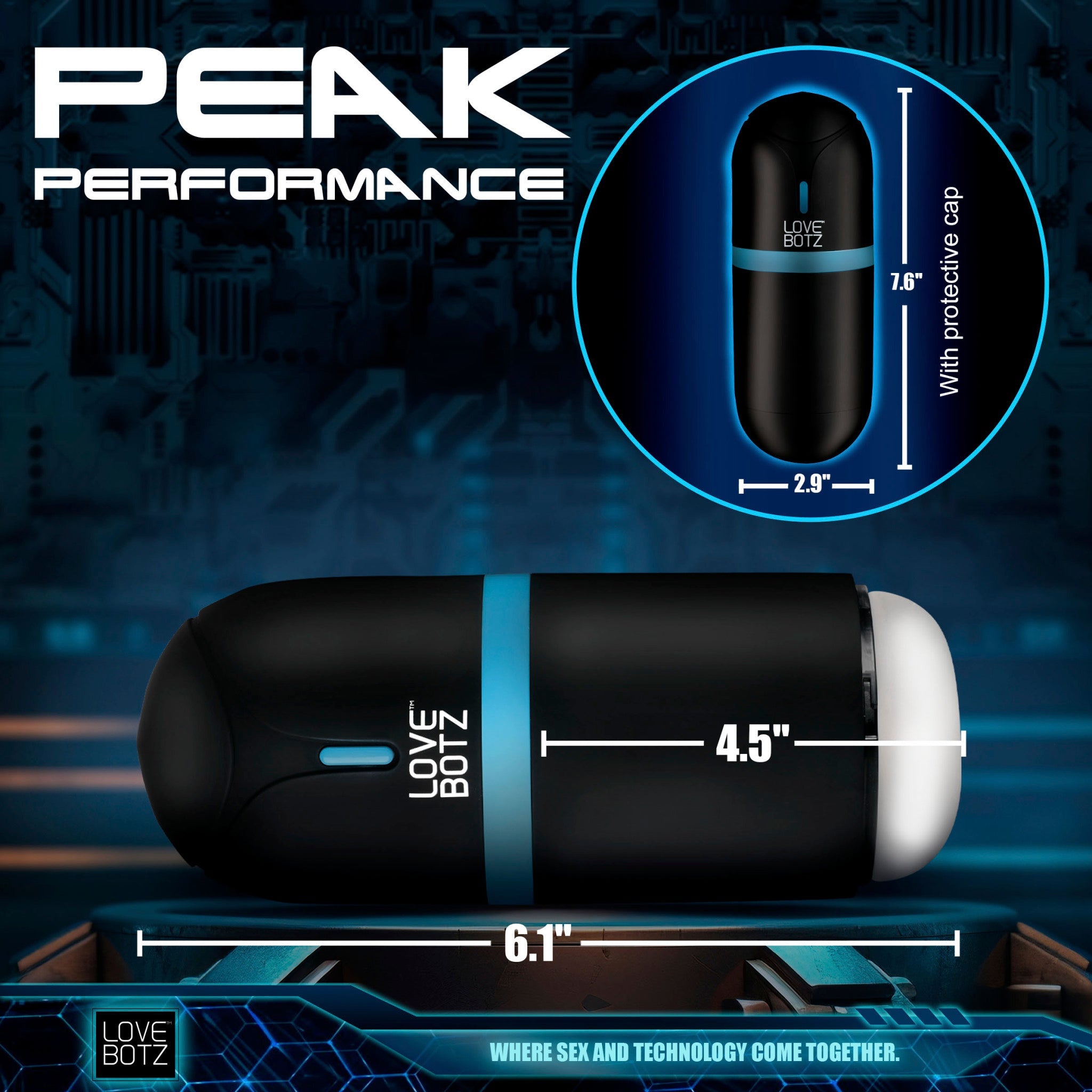 A black and blue rechargeable masturbator with dimensions indicated.