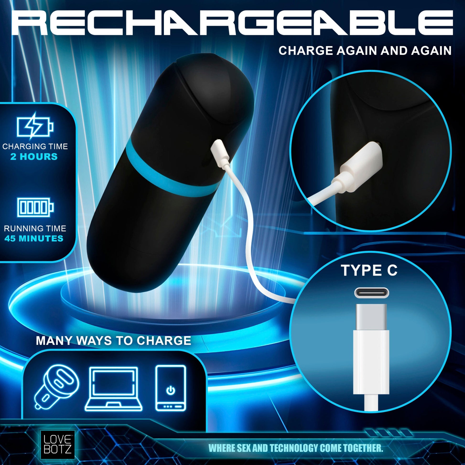 A black and blue rechargeable masturbator with a USB-C charging port.
