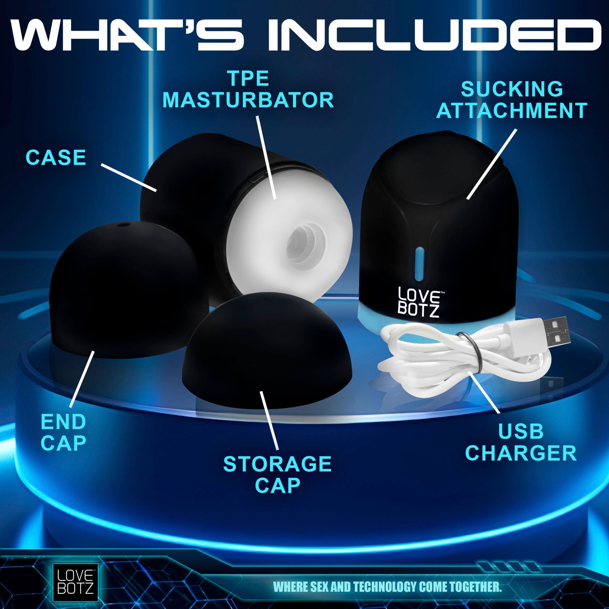 A black TPE masturbator with a sucking attachment, end caps, storage cap, and USB charger.