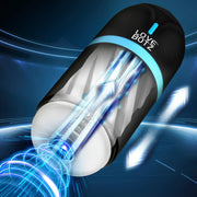 A black and blue rechargeable masturbator with internal textures and blue light effects.