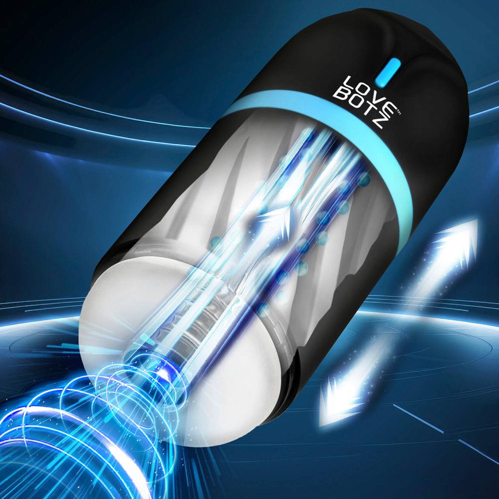 A black and blue rechargeable masturbator with internal textures and blue light effects.