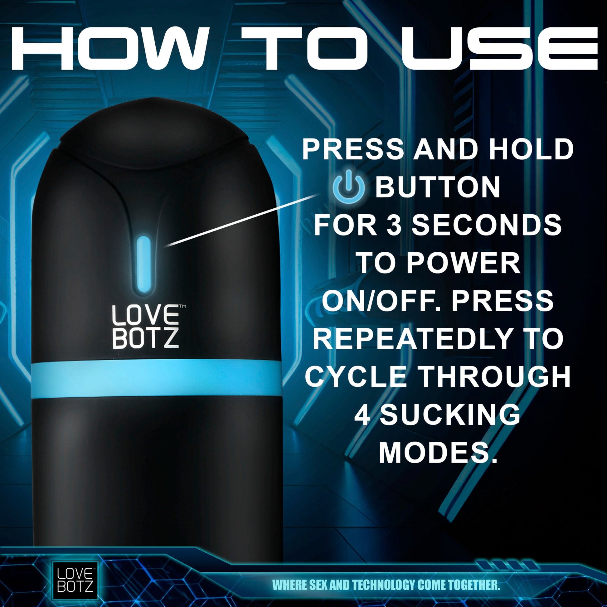 A black and blue rechargeable sucking masturbator with instructions.