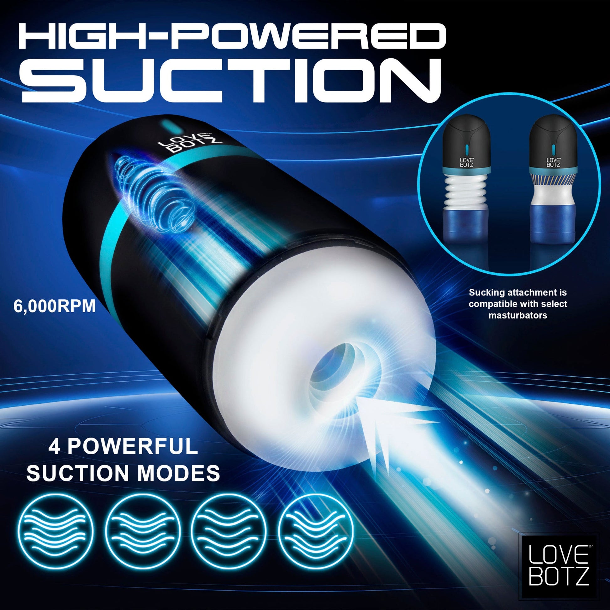 A black and blue masturbator with "LOVE BOTZ" branding and "6,000RPM" text.