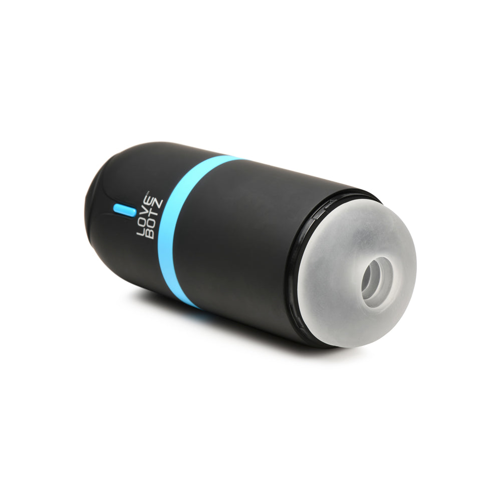 A black rechargeable masturbator with a blue light band and a textured opening.