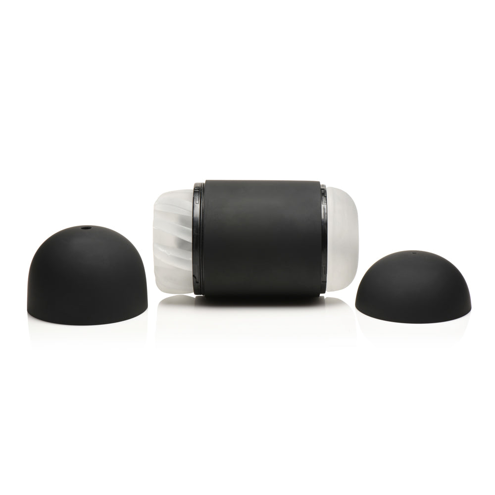 A black and white masturbator with two black end caps.