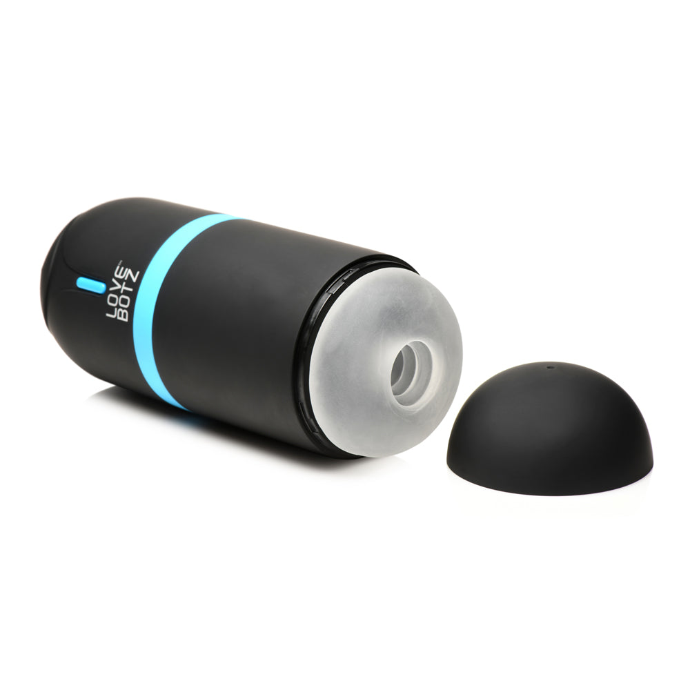 Black rechargeable masturbator with blue accent and clear opening.