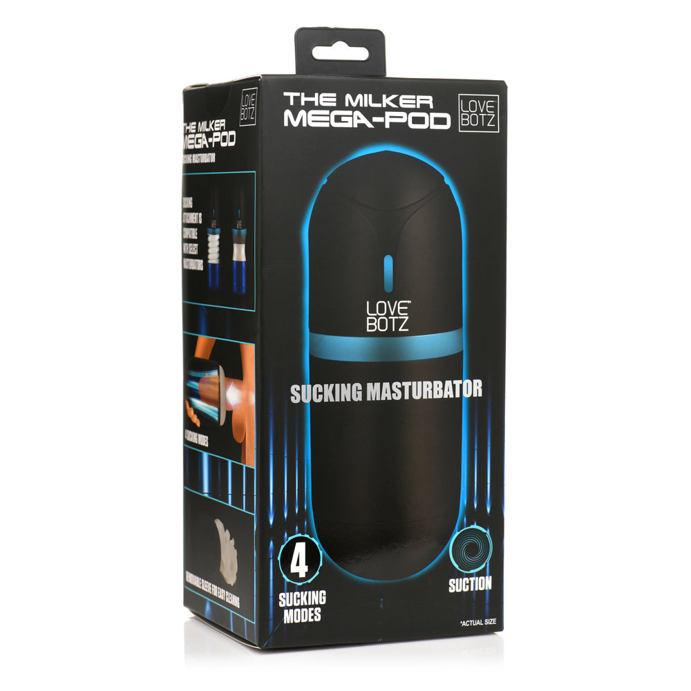 The Milker Mega-Pod rechargeable sucking masturbator in its black packaging.