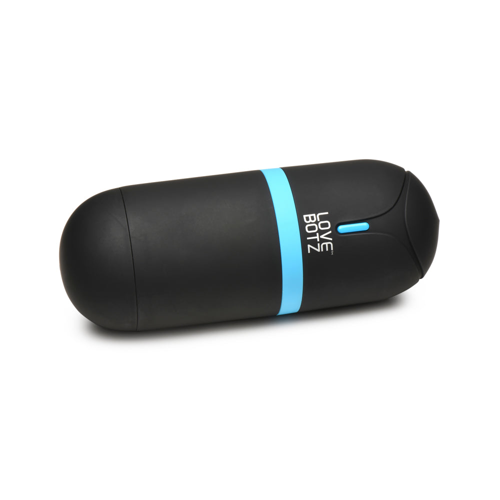 A black and blue rechargeable sucking masturbator with "LOVE BOTZ" branding.