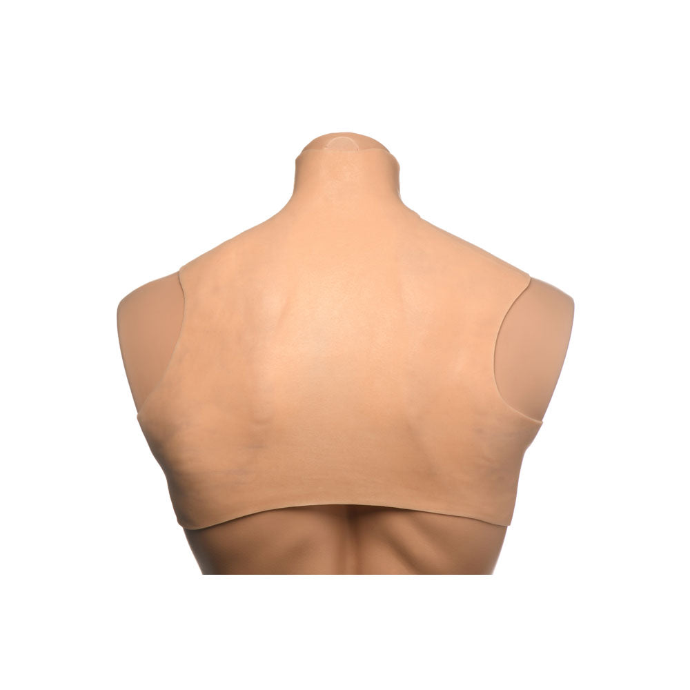 Back view of a tan silicone G-cup breast form with a high neck.
