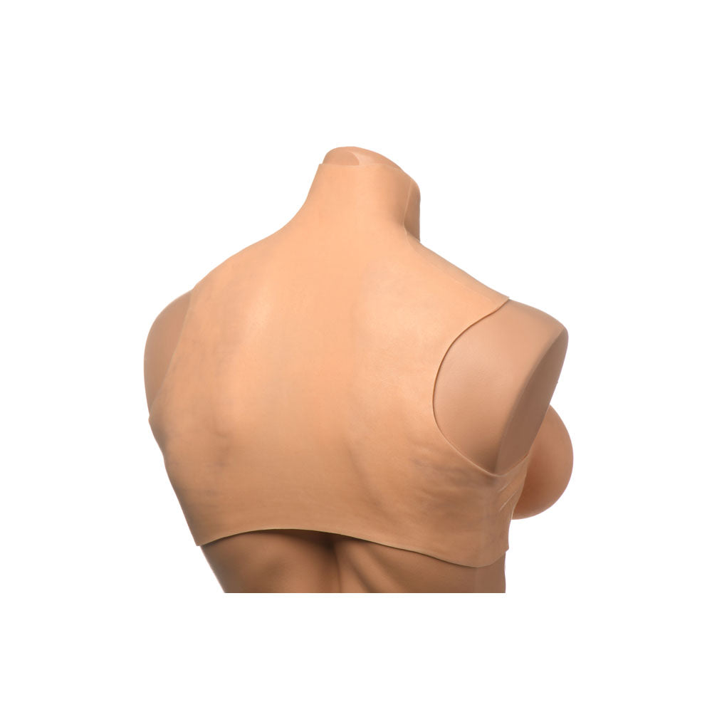 G-cup silicone breast form with high neck plate.
