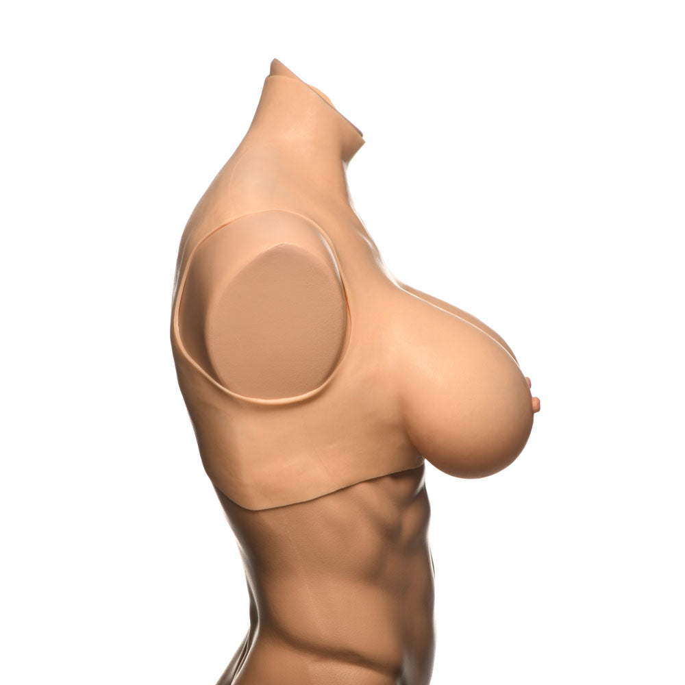 G-cup silicone breast form with high neck plate and realistic nipple detail.