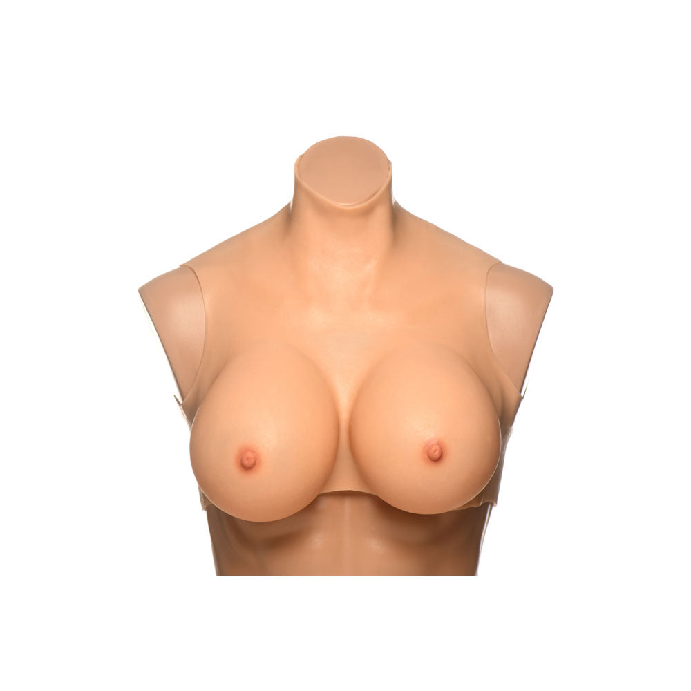 G-cup silicone breast form with high neck plate on a mannequin, featuring realistic nipples.