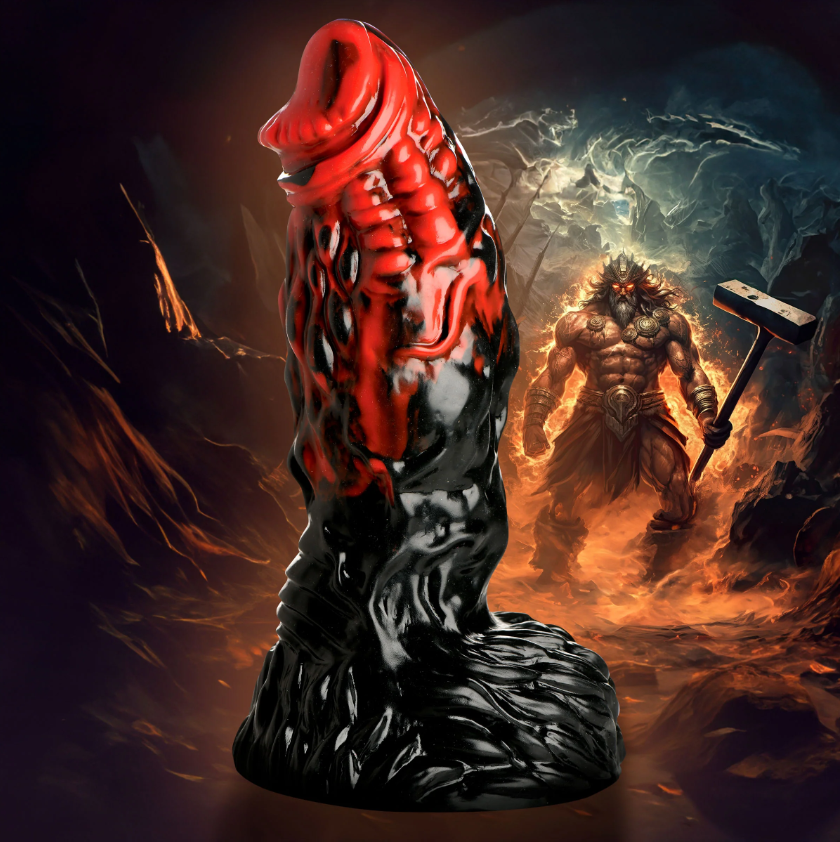 Red and black textured silicone dildo with a suction cup base.