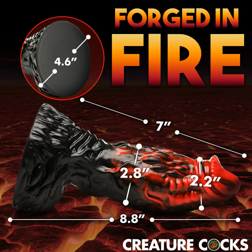 Textured black and red silicone dildo with suction cup, 8.8 inches long.