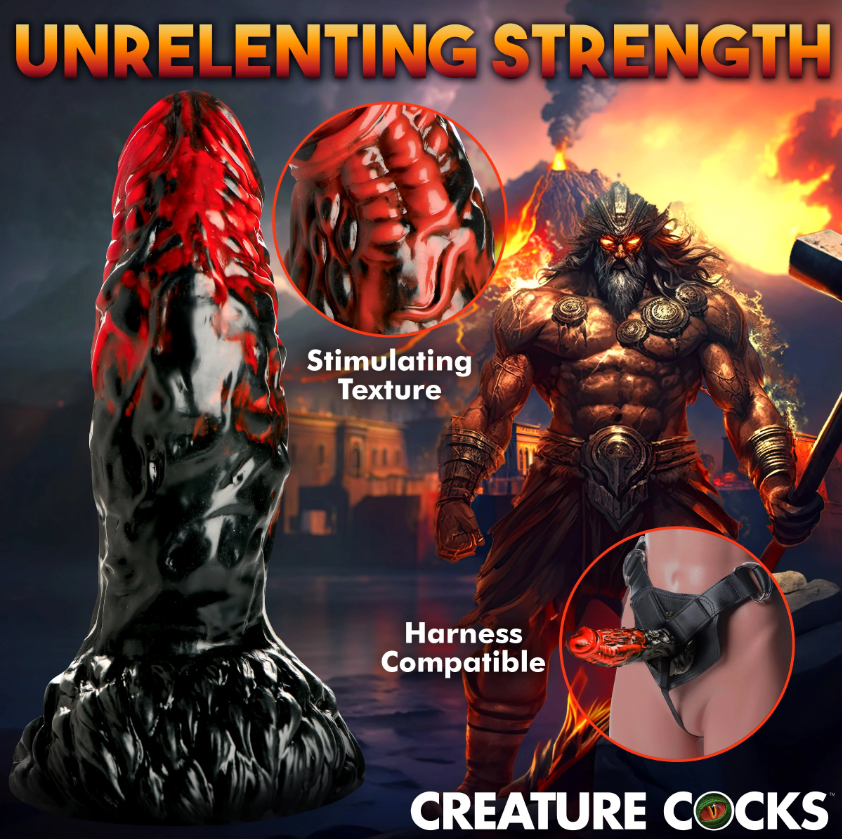Vulcan textured silicone fantasy dildo with suction cup and harness compatibility.