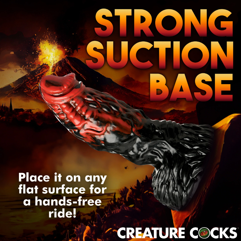 Textured red and black silicone dildo with a suction cup base.