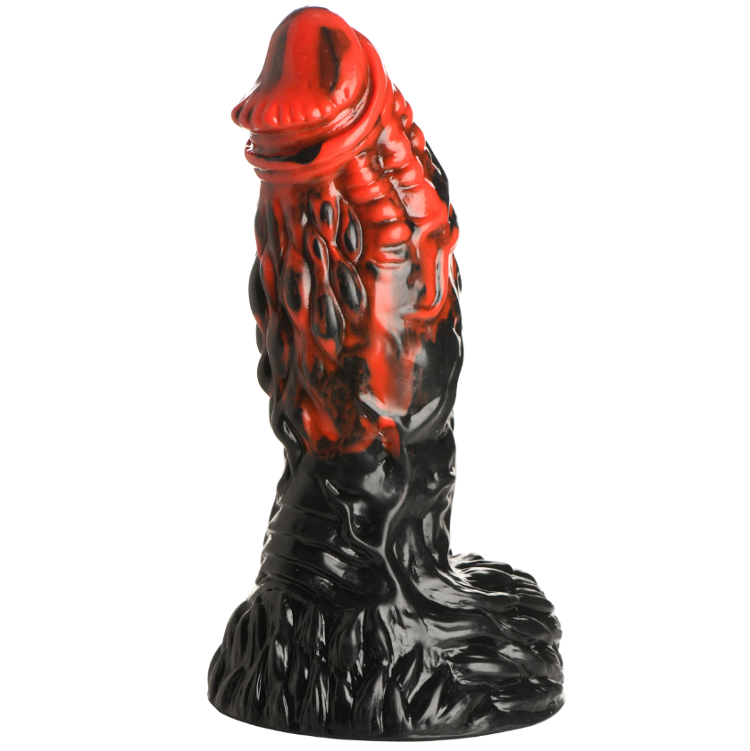 Red and black textured silicone dildo with a suction cup base.