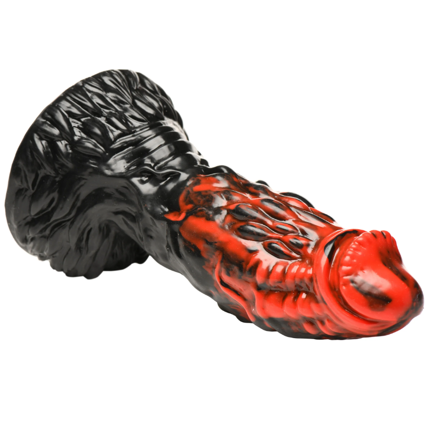Black and red textured silicone dildo with a suction cup base.