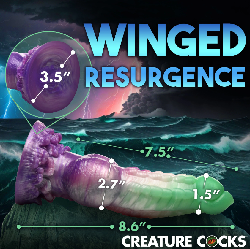 A purple and green ribbed dildo with measurements indicated.