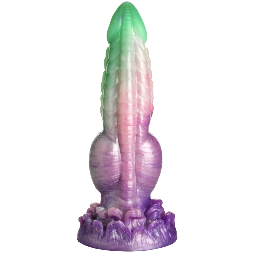 Aqua Phoenix silicone fantasy dildo in jade green and purple with ribbed shaft, tapered tip, and suction cup base.
