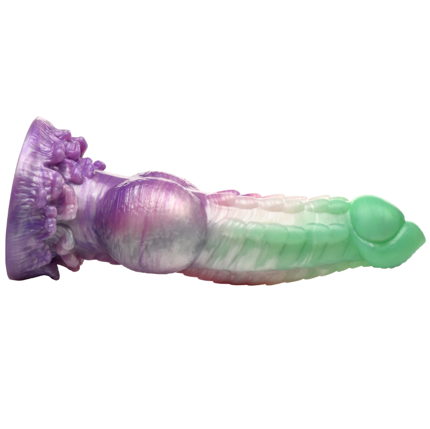 A purple and green silicone dildo with a suction cup base and ribbed texture.