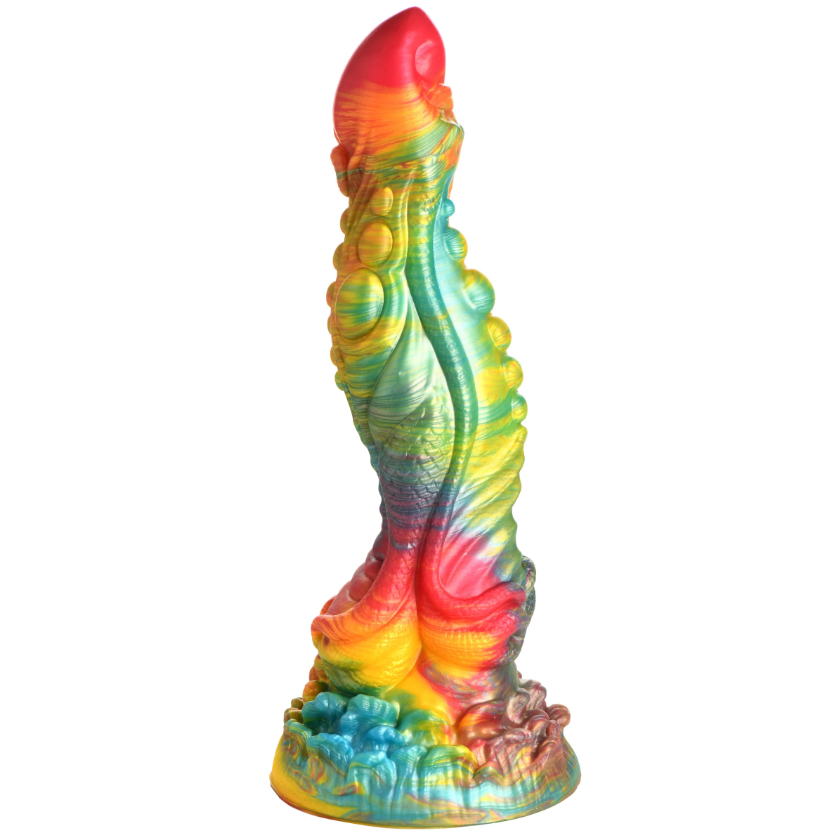 A rainbow-colored fantasy dildo with textured bumps and a suction cup base.