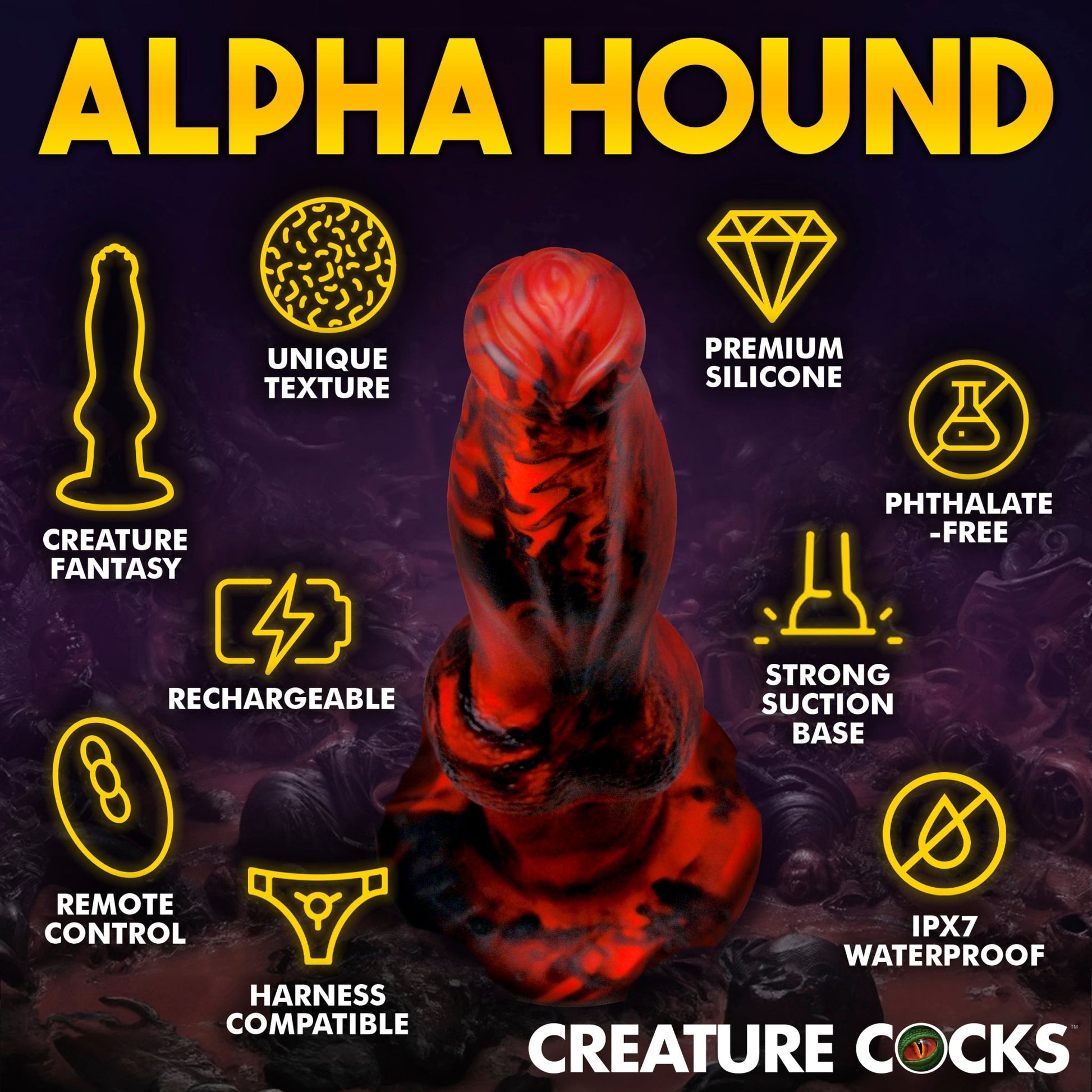 A red and black textured silicone dildo with text highlighting features like premium silicone and waterproof.
