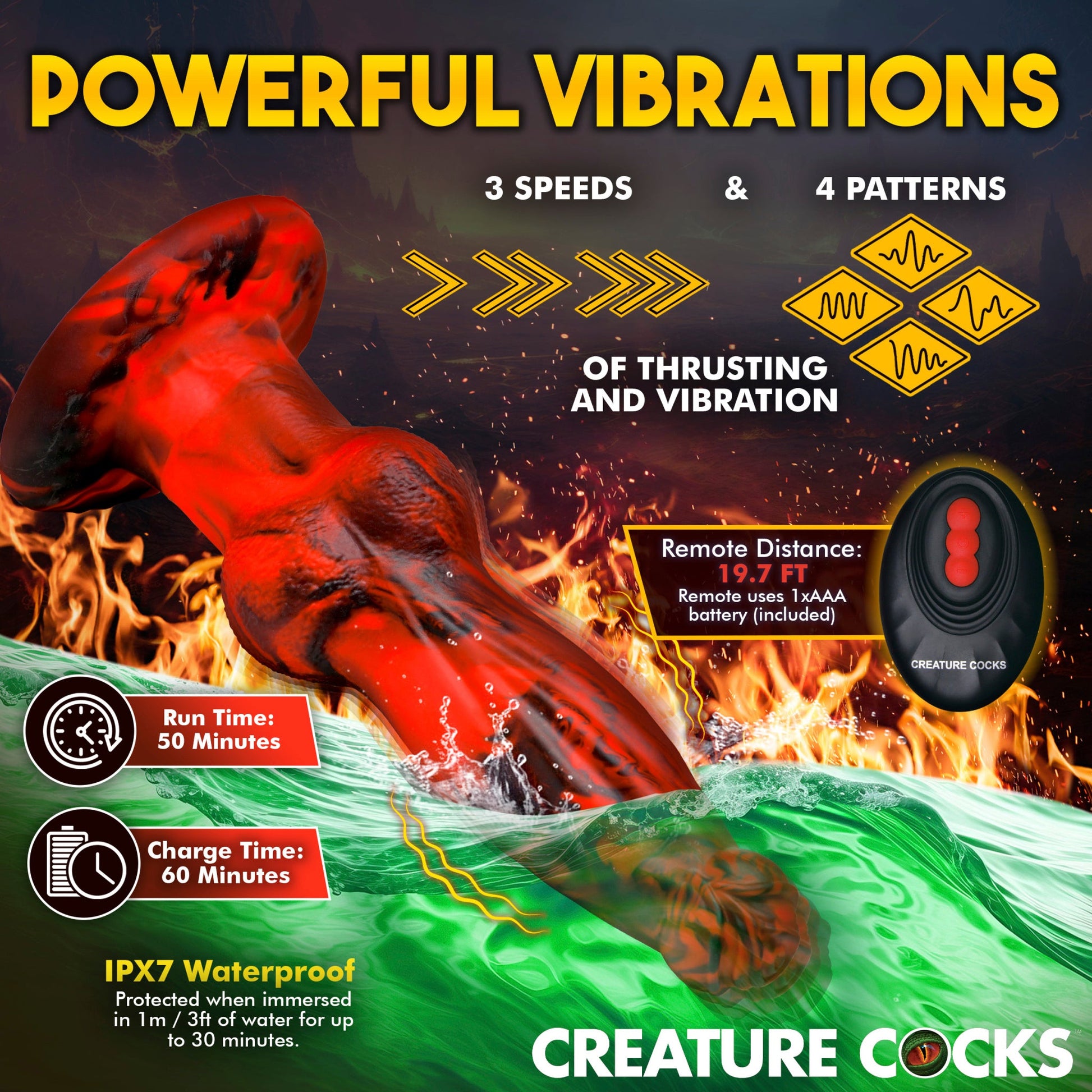 A red silicone fantasy dildo with thrusting and vibration features, set against a fiery background.