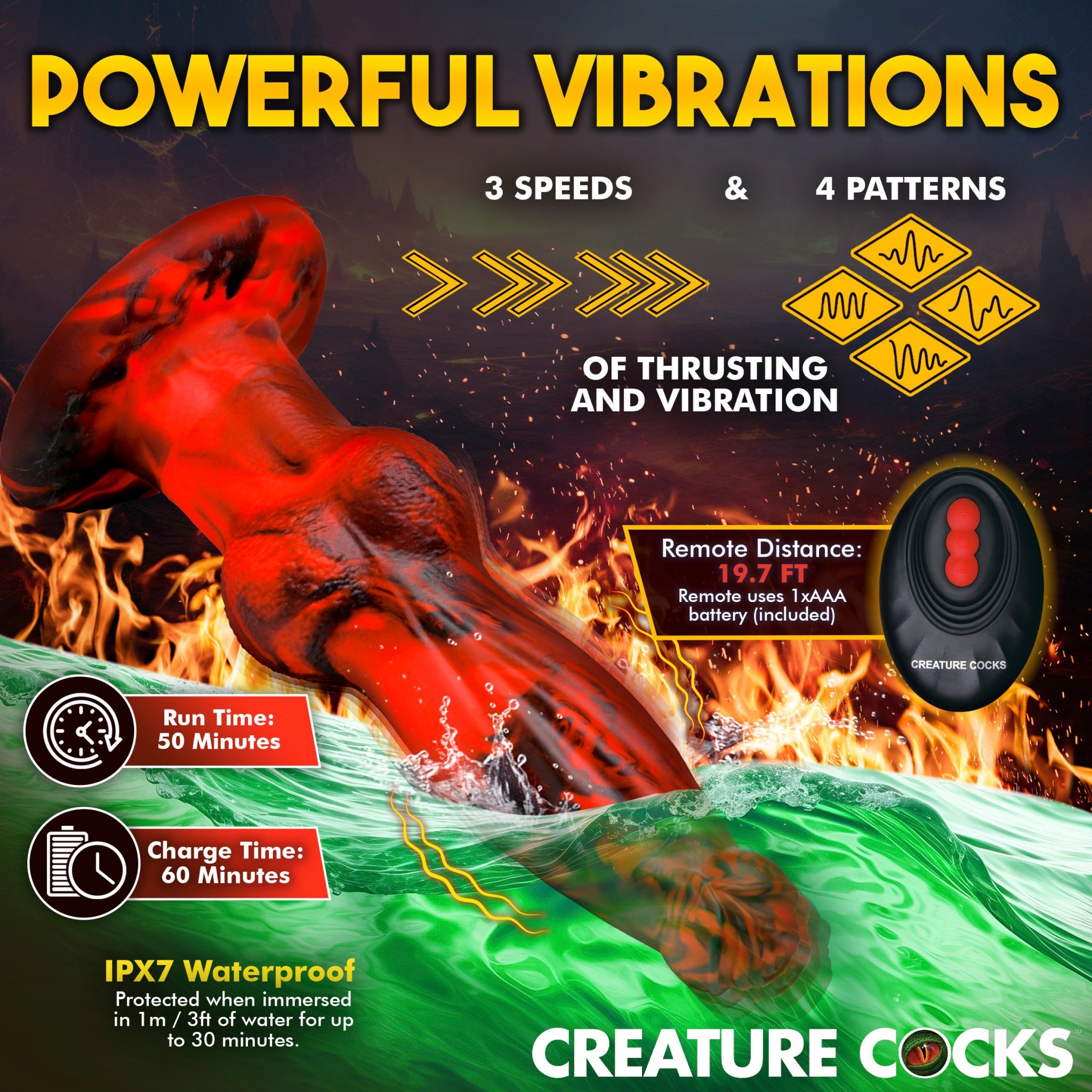 A red silicone fantasy dildo with thrusting and vibration features, set against a fiery background.