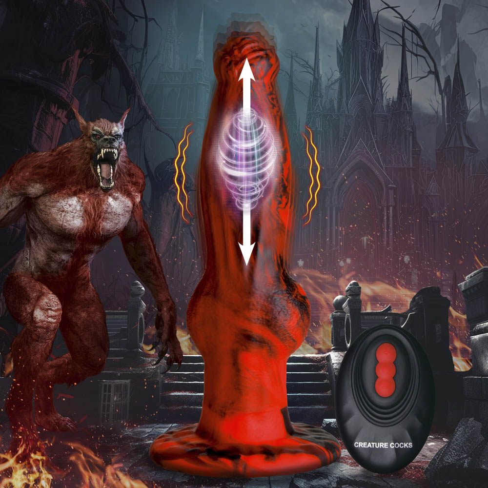 Hell Wolf dildo with thrusting and vibrating features, remote control, and fantasy background.