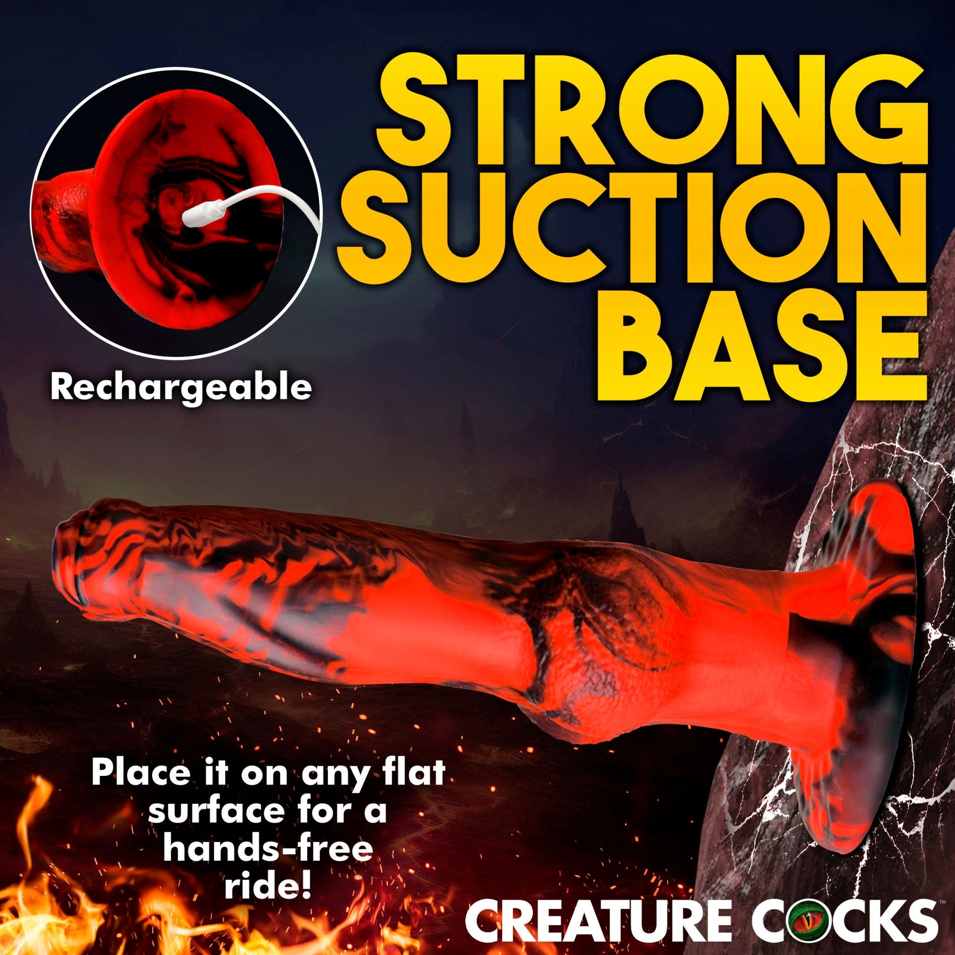 A red and black marbled dildo with a strong suction base and a white charging cable.