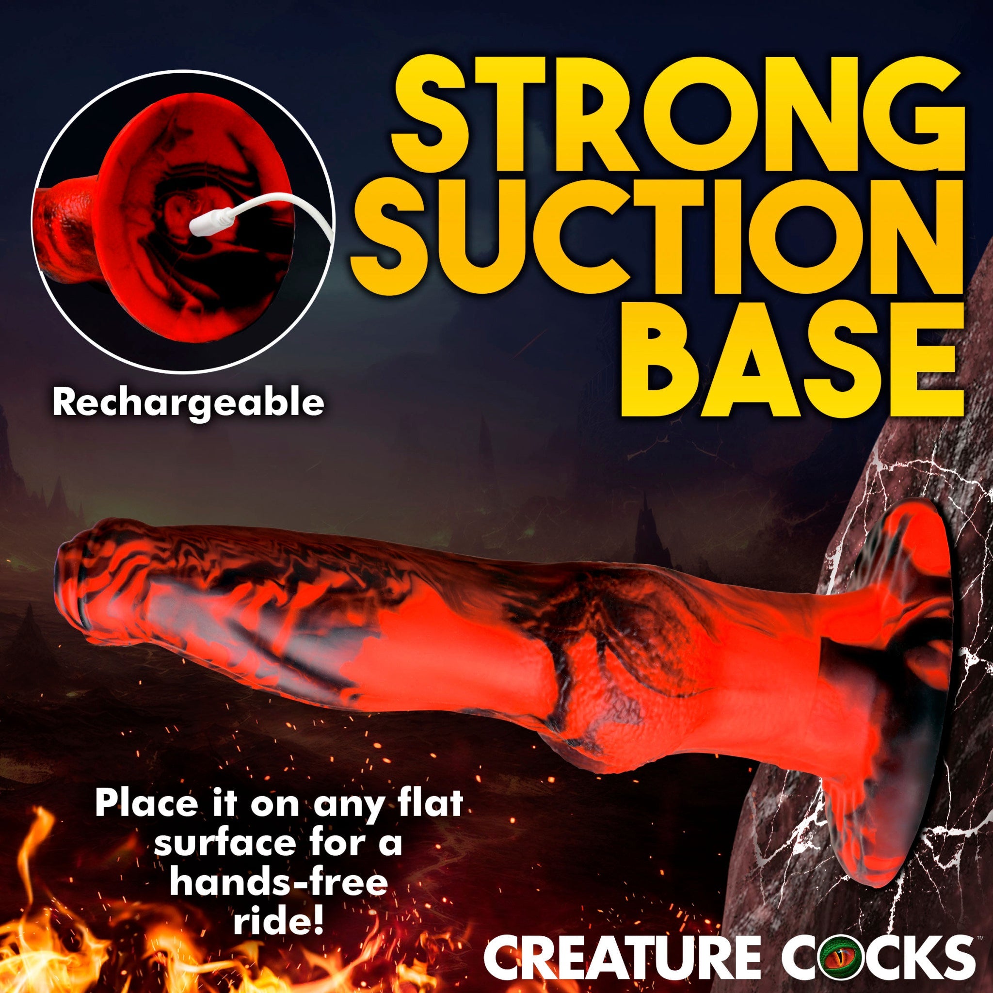 A red and black marbled dildo with a strong suction base and a white charging cable.
