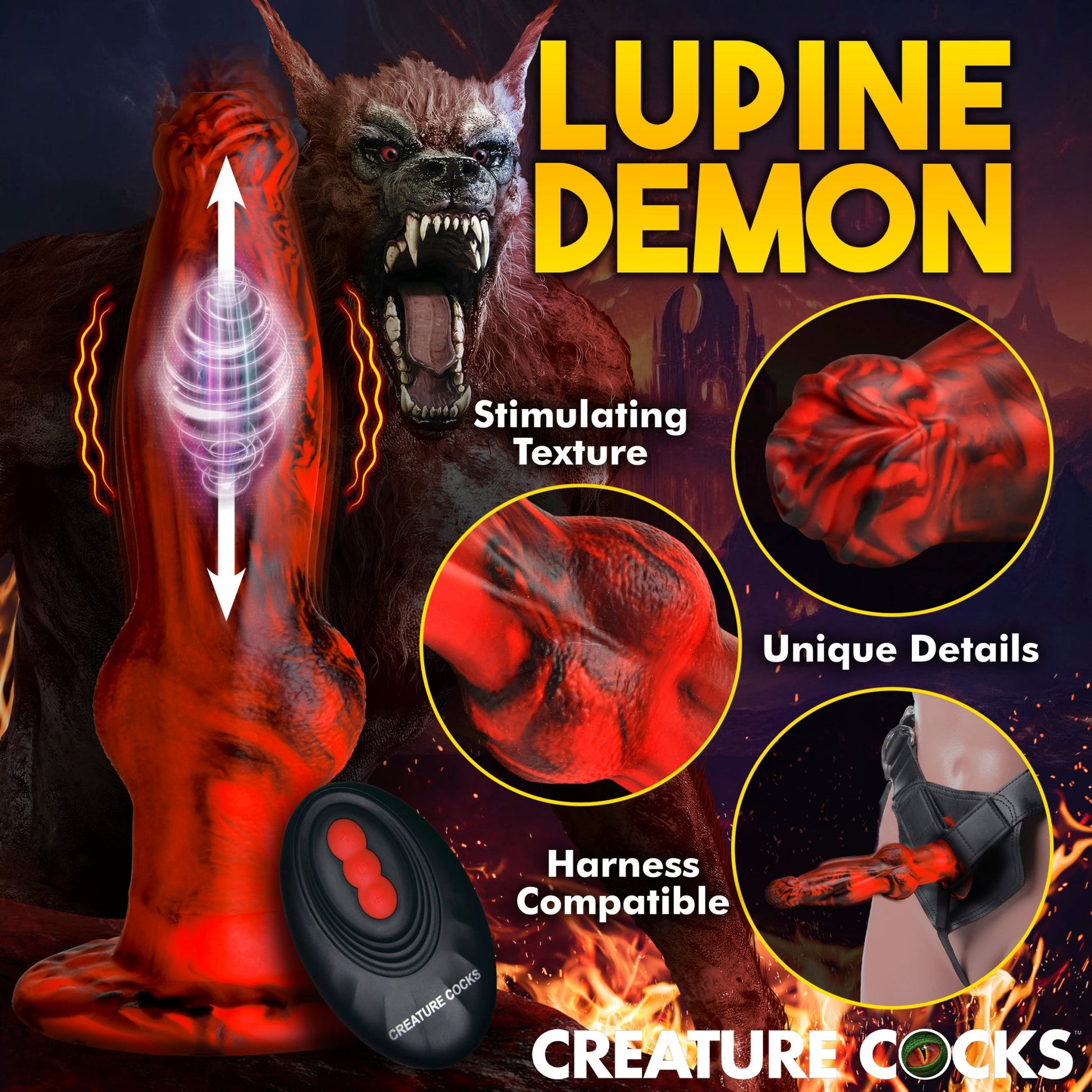 Hell Wolf dildo with stimulating texture and harness compatibility.