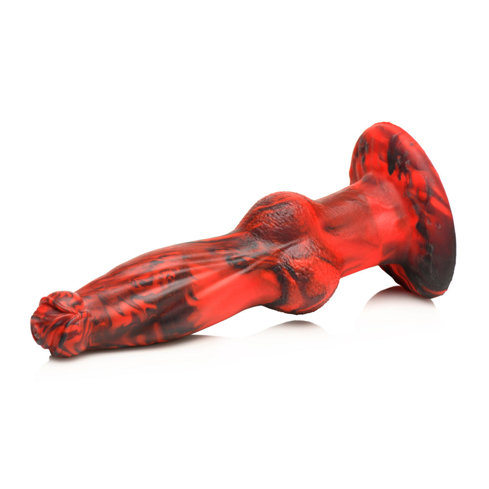 Red and black marbled silicone dildo with a textured shaft and flared base.