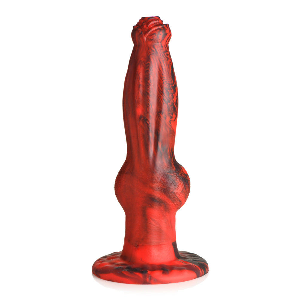 Red and black marbled silicone dildo with a textured tip and flared base.