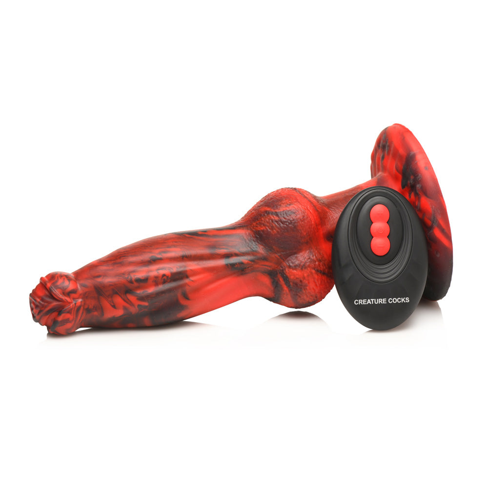 Red and black marbled silicone dildo with a black remote control.