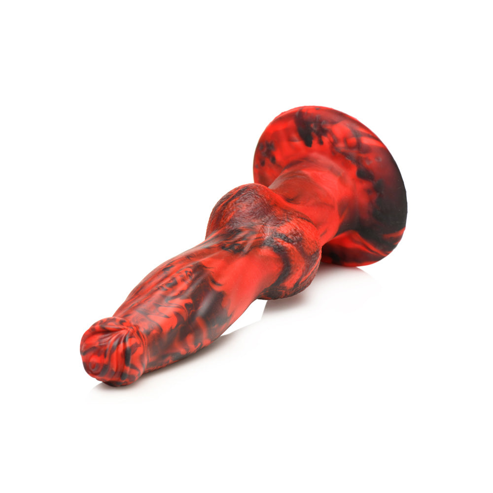 Red and black marbled silicone dildo with a flared base.