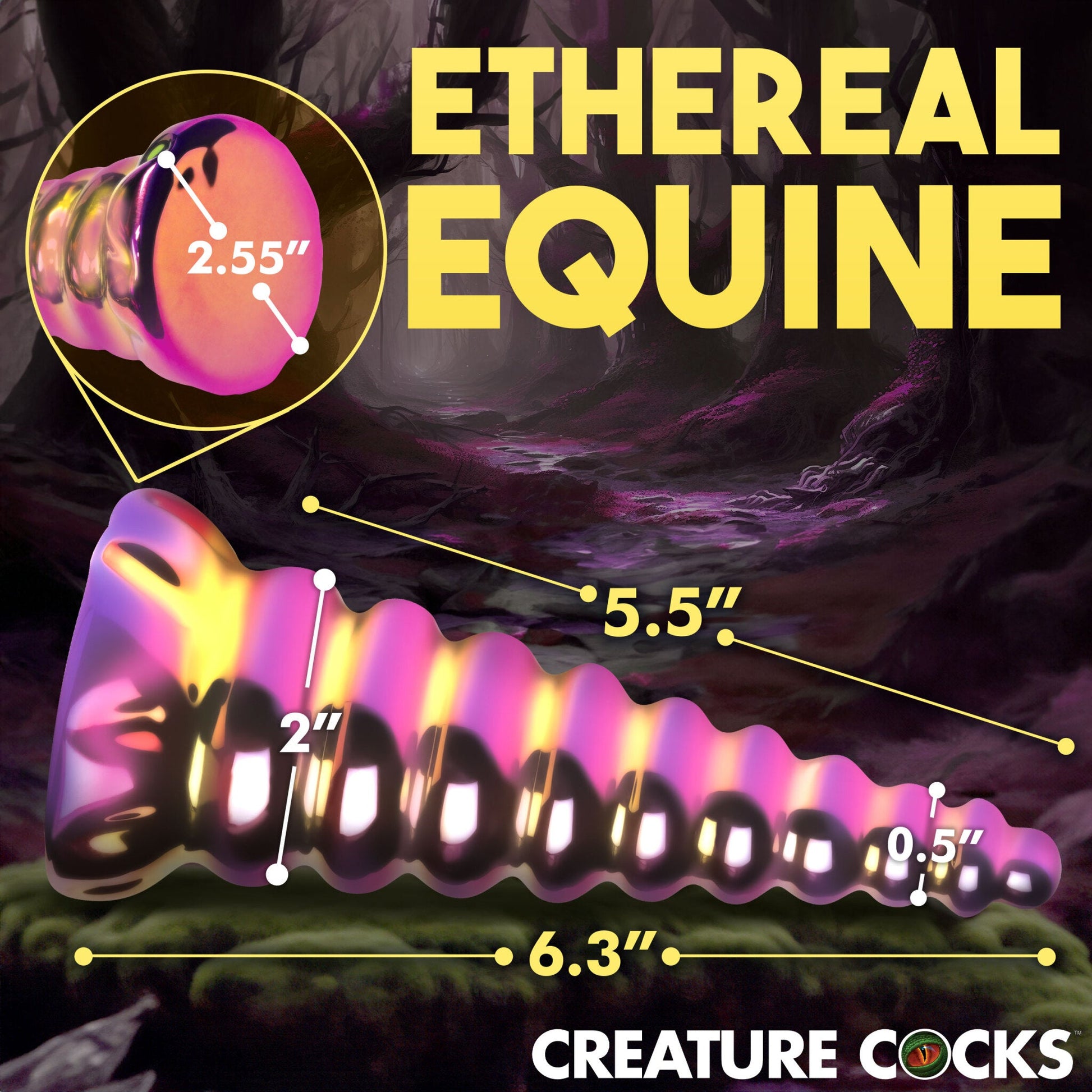 A rainbow glass dildo shaped like a unicorn horn with measurements indicated.