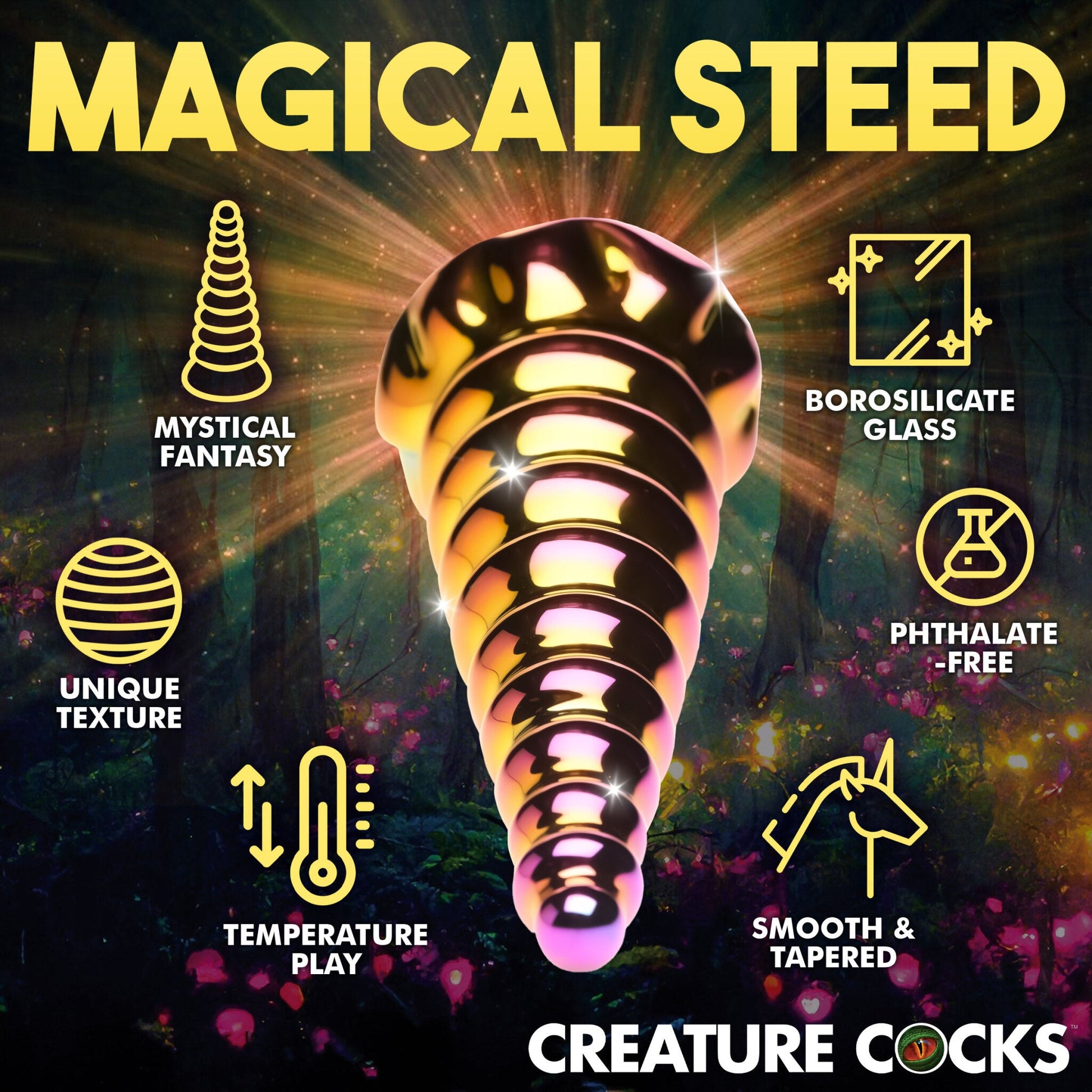 A shimmering, iridescent unicorn horn dildo made of borosilicate glass.