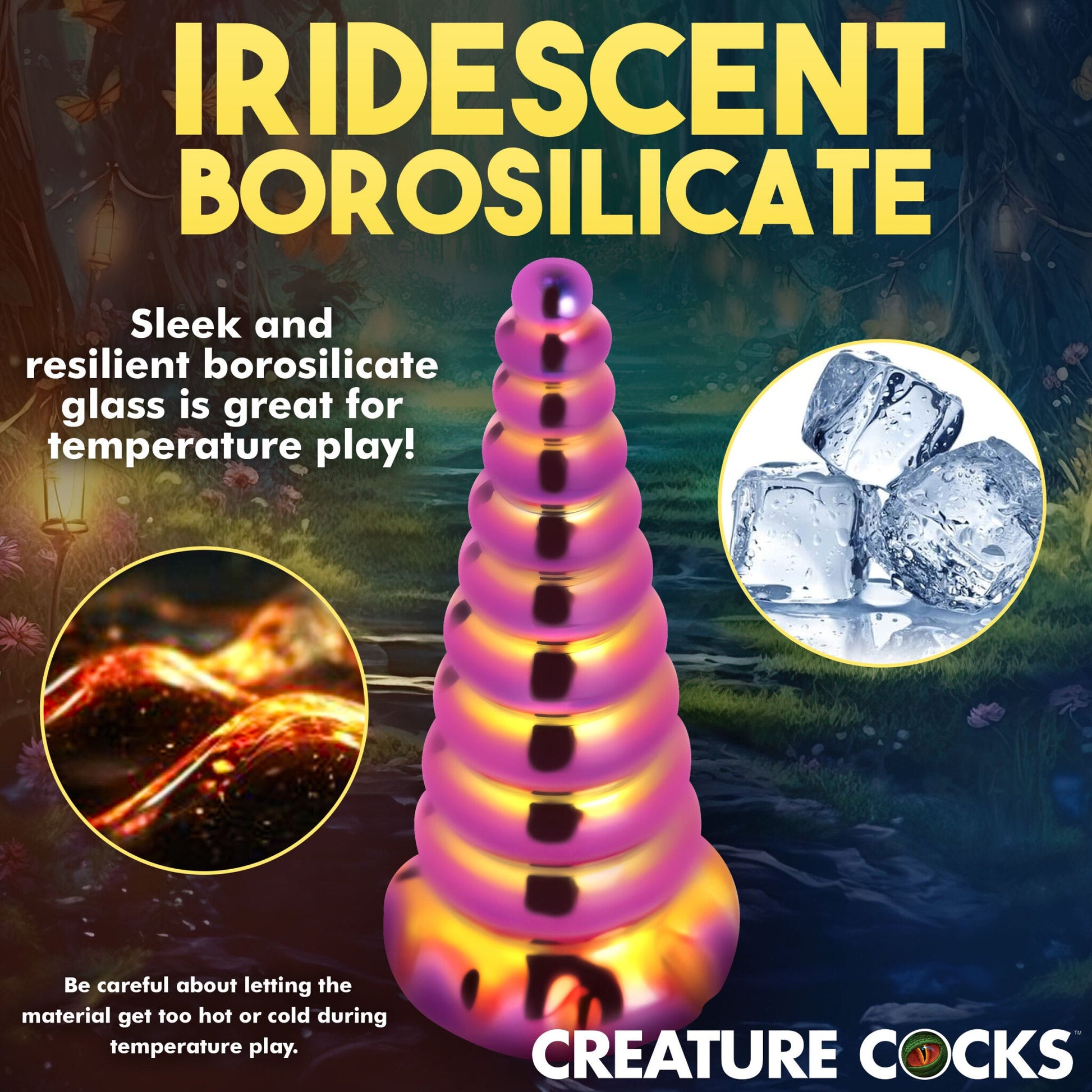 Iridescent borosilicate glass unicorn horn dildo with a tapered tip and graduated bumps.