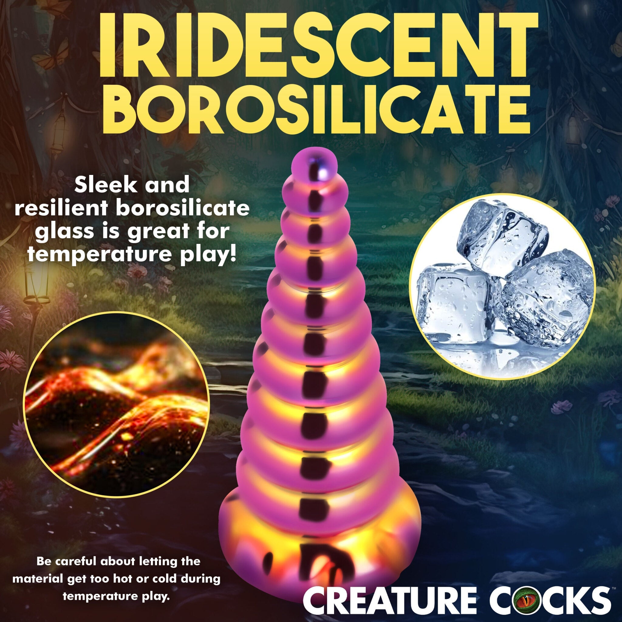 Iridescent borosilicate glass unicorn horn dildo with a tapered tip and graduated bumps.