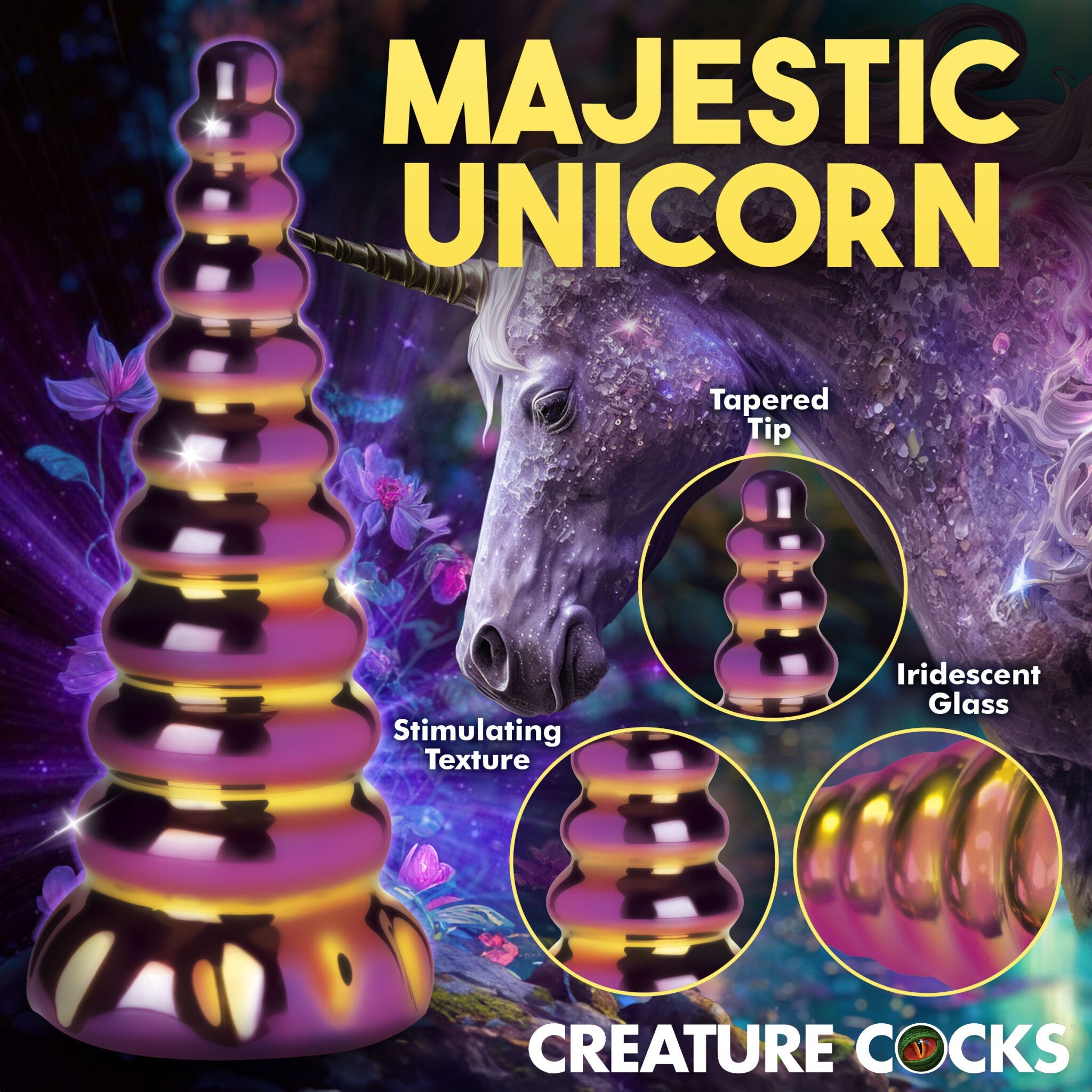 A purple and gold iridescent glass dildo shaped like a unicorn horn with a tapered tip and stimulating texture.