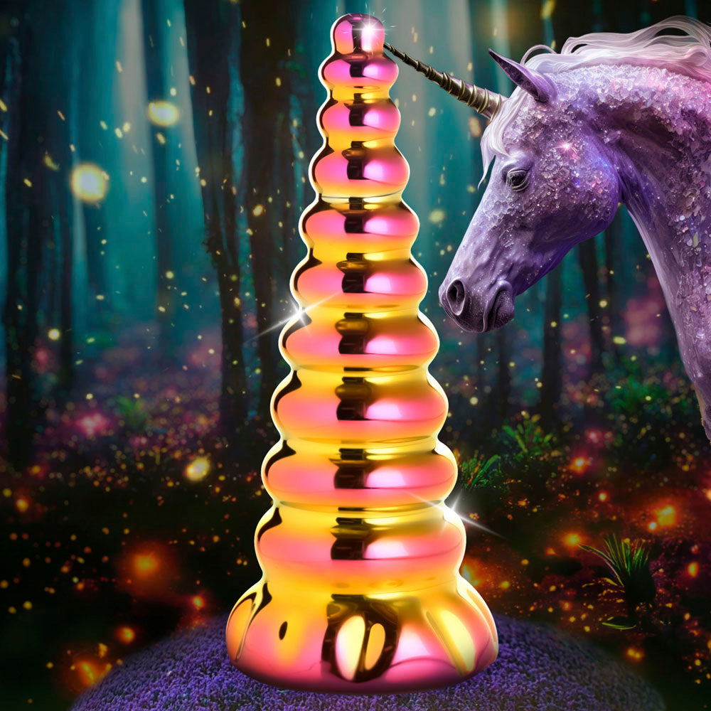 Iridescent pink and gold unicorn horn glass dildo with graduated bumps.